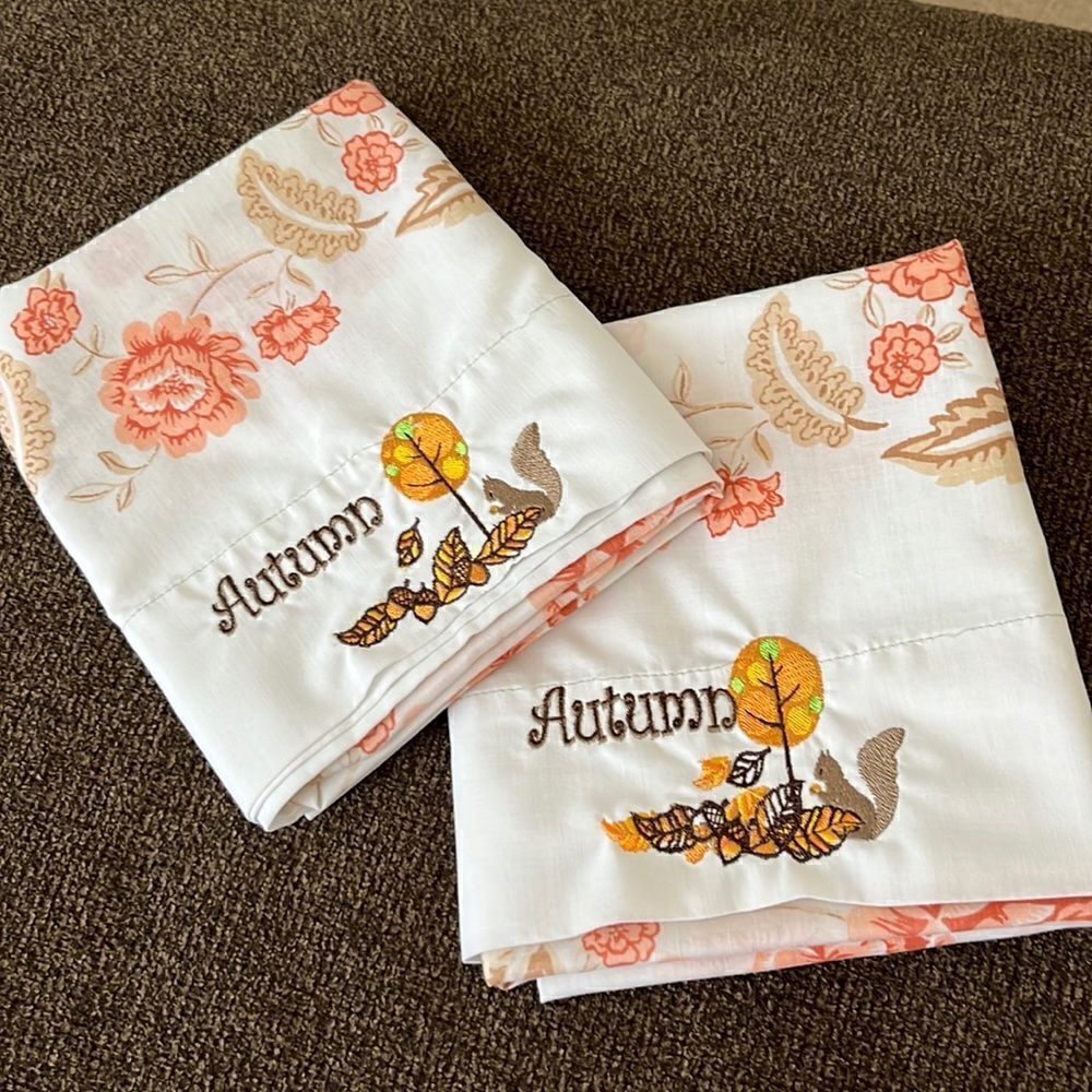 Set 2 Custom Autumn Embroidered White with Red/Brown Floral Accent Pillowcases